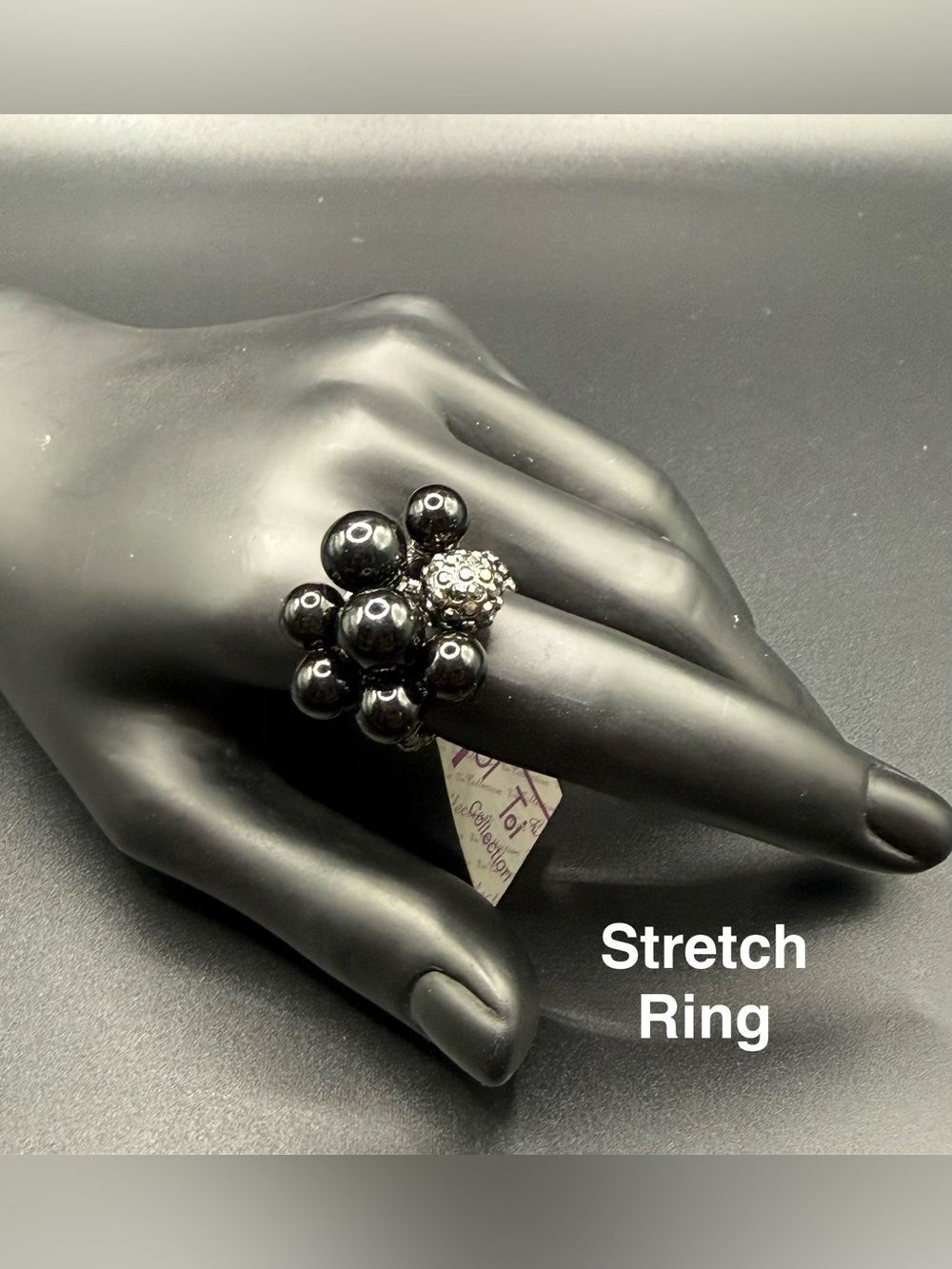 Stretch Cluster Ring in Black with Silver Accent
